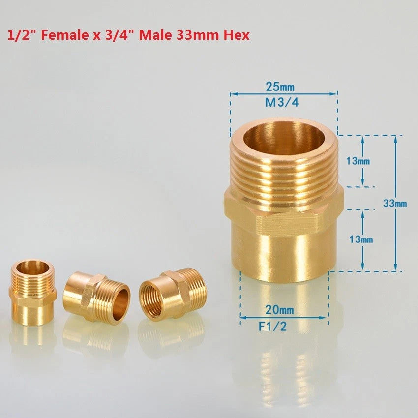 BSP Brass Pipe Adapter — Female to Male Thread, Hex & Octagon Body, Multiple Sizes