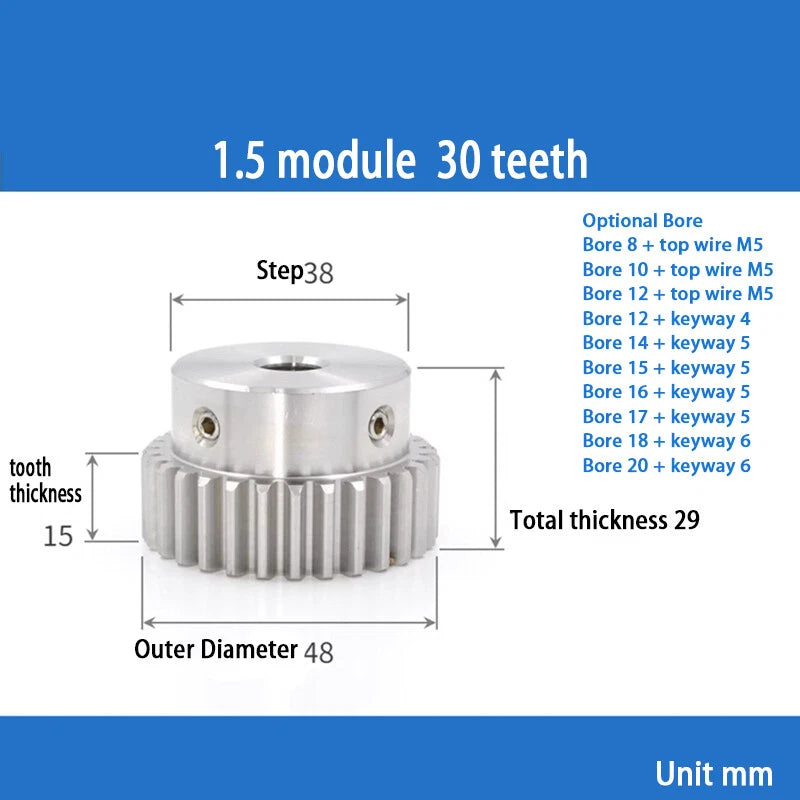 Module 1.5 Spur Gear A2 Steel 12-32 Tooth with Hub Pinion Motor Gear Bore 6-20mm