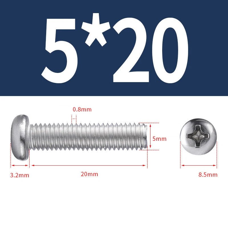 M3 M4 M5 Phillips Round Pan Head Machine Screws – 201 Stainless Steel, 6–30mm Lengths - HomeDIYer