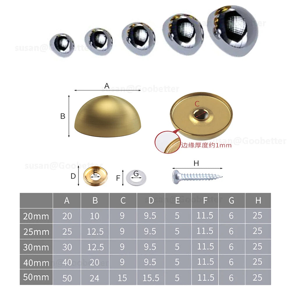 Dome Screw Cover Caps – Electroplated Stainless Steel Mirror Screws, 20mm to 50mm, Silver and Gold