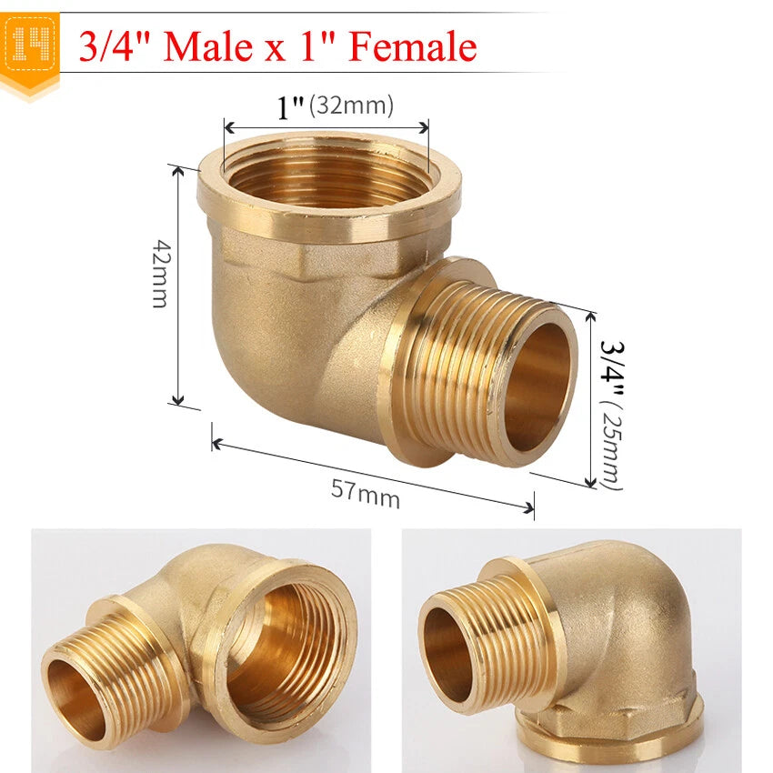 BSP Brass Elbow Fitting — 1/2", 3/4" & 1" Male/Female Thread Pipe Connector Adapter