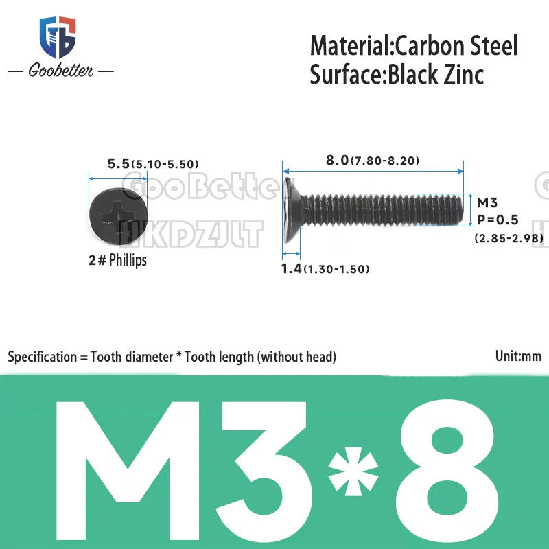 M2 & M3 Countersunk Pozidriv Machine Screws – Carbon Steel, Nickel or Black Zinc (3–22mm Overall Length)