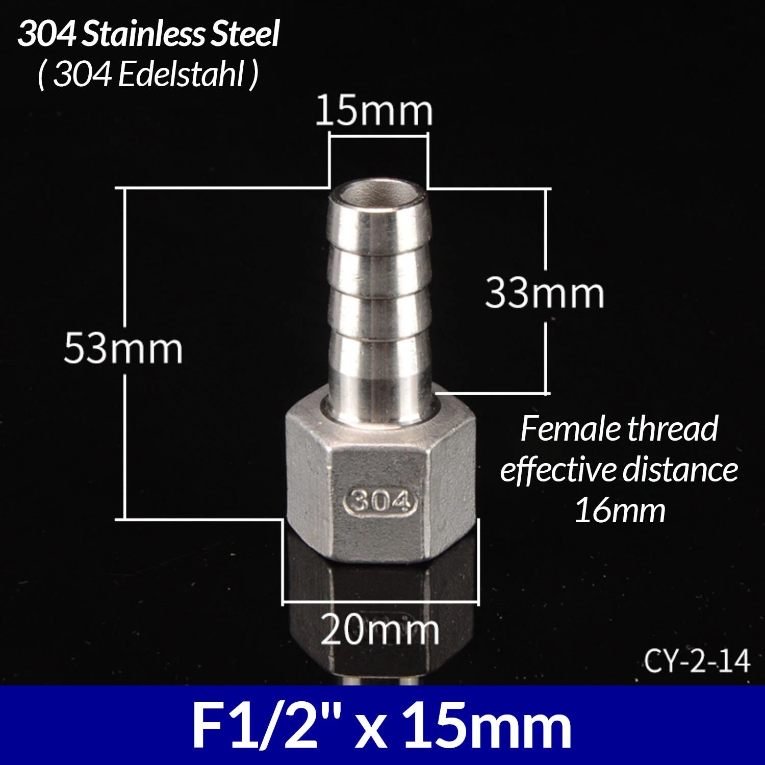 1/4" to 3/4" BSP Stainless Steel Female Fitting x Barb Hose Tail End Connector