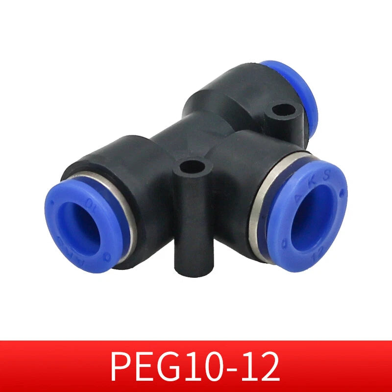 Pneumatic Push-in T-Shape 3-Way Fitting — Air Water Tube Connector PE4–PE16 & Reducing