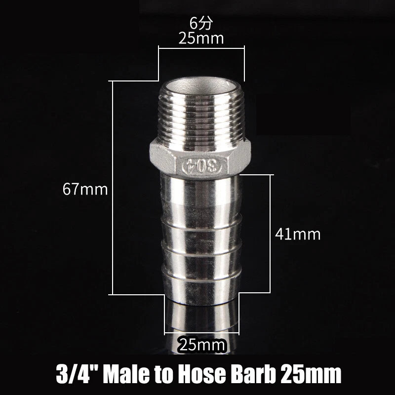BSP Stainless Steel Male Hose Barb Fitting — 1/2" & 3/4" to Barb Connector