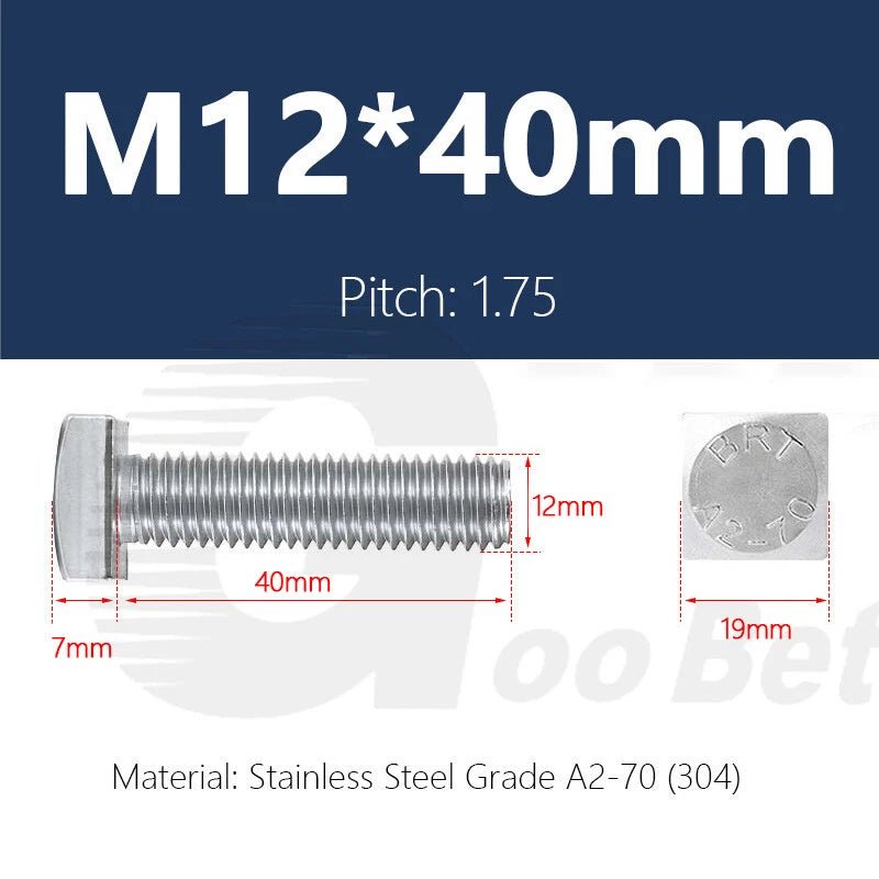 M12 T - Bolt Square Head Screws for T - Slot Aluminum Profile — Stainless Steel A2 304 - HomeDIYer