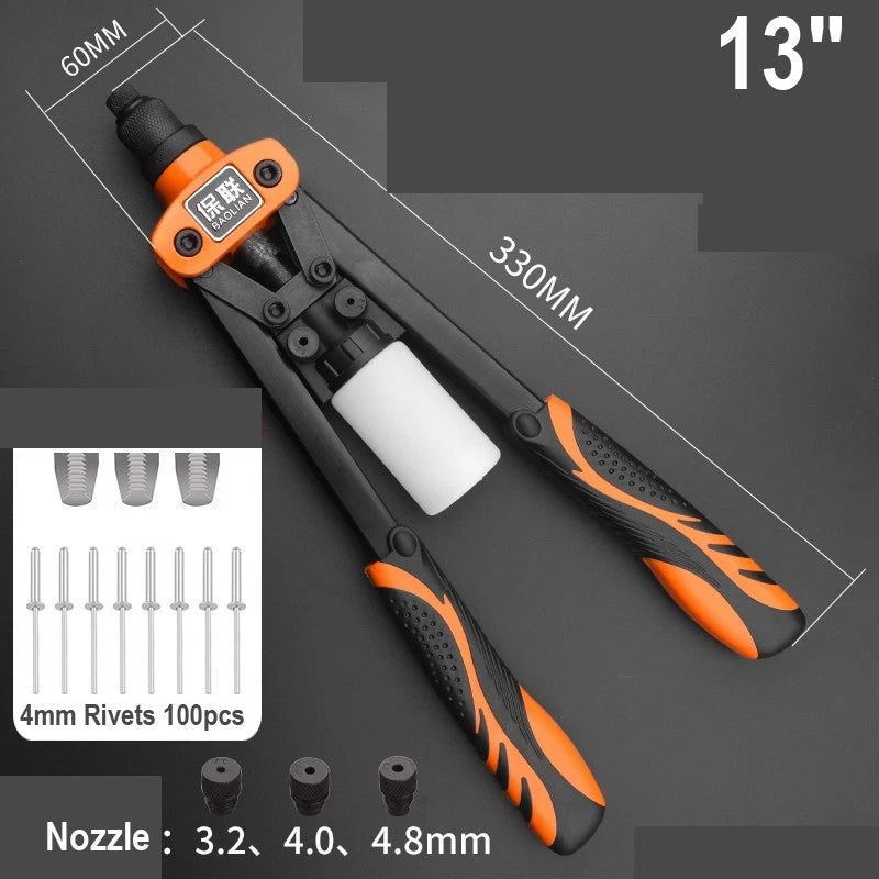 8"-17" Heavy Duty Hand Pop Rivet Gun Tool Kit With Rivets 4 Nozzle Head Wrench