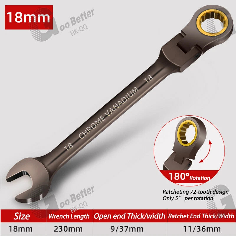 Ratchet Spanner Combination Fixed & Flexi 6 - 19mm 14 x Sizes Tool Wrench
