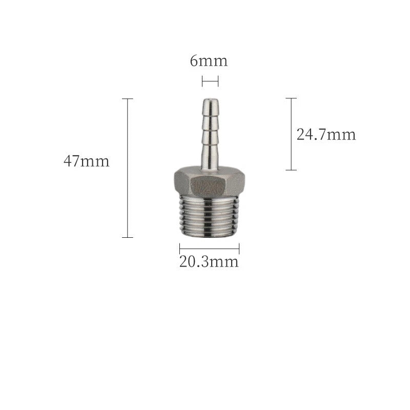 A2 Stainless Steel Straight Barb Hose Connector — Male Thread, 6mm to 20mm Tubing