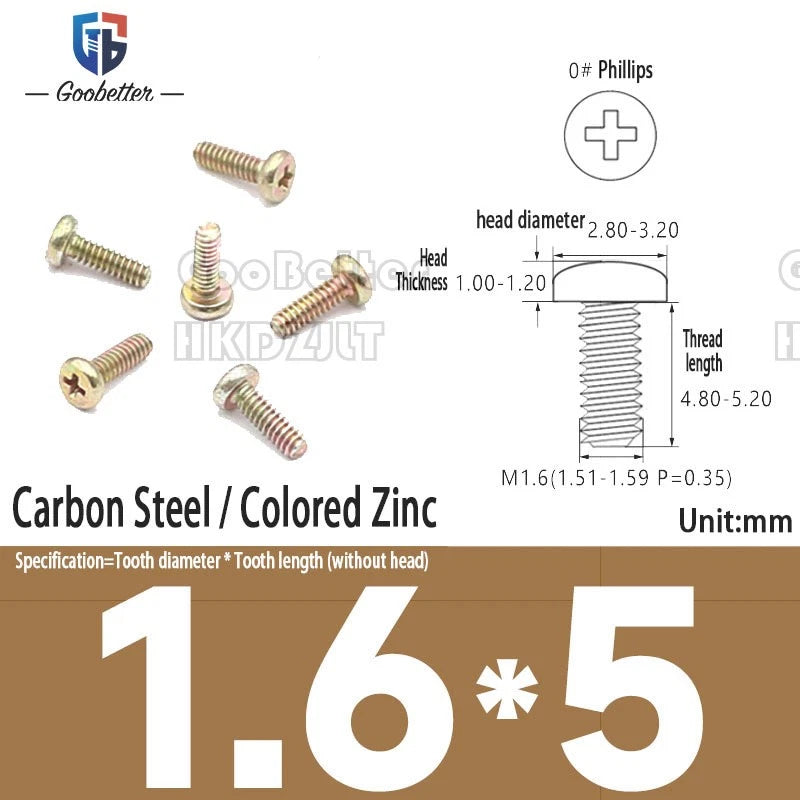 M1.6 & M1.7 Phillips Pan Round Head Machine Screws – Carbon Steel, Brass or Stainless, Lengths 1.5–22mm