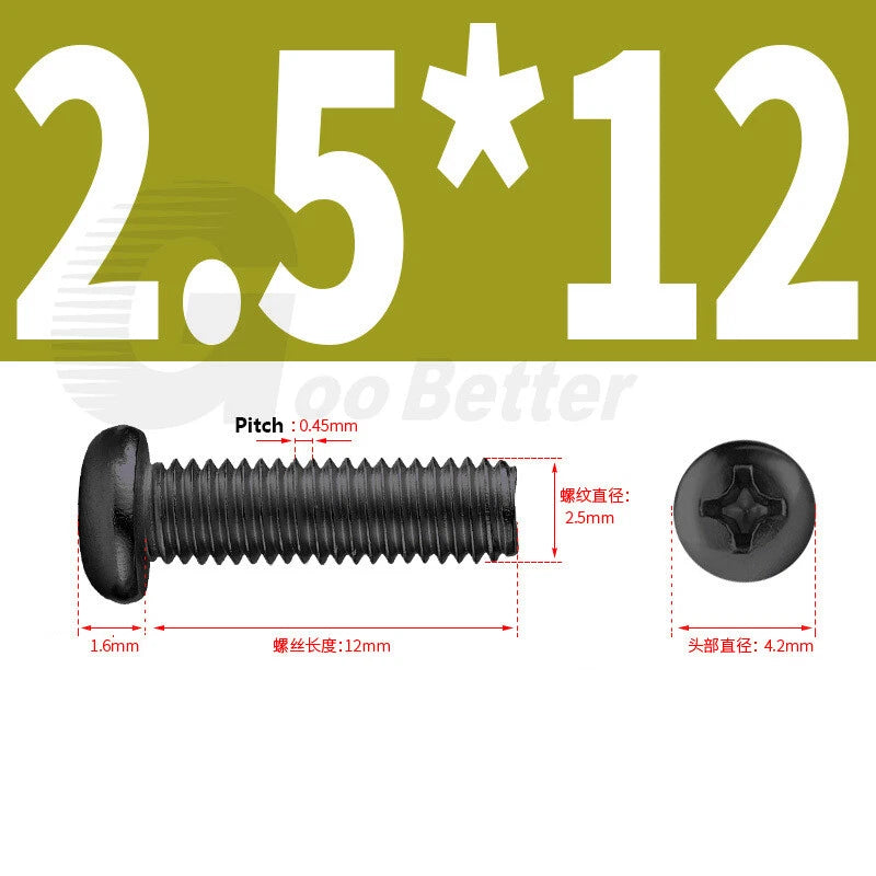M2 M2.5 M3 M4 M5 Black Zinc Phillips Pan Head Machine Screws – Carbon Steel, 3–20mm