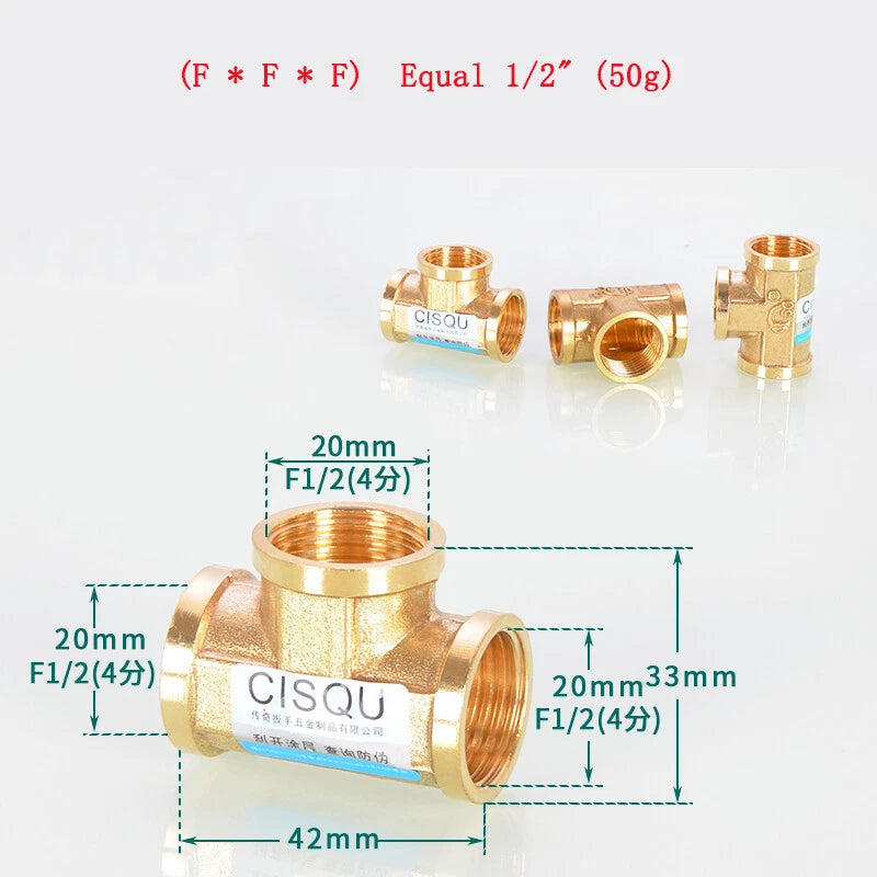 Brass Tee Pipe Fittings – NPT Thread, 1/8" to 2", M/F Configurations