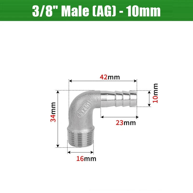 BSP Male Elbow Barbed Hose Connector — Stainless Steel, 1/8" to 1/2", 6–16mm