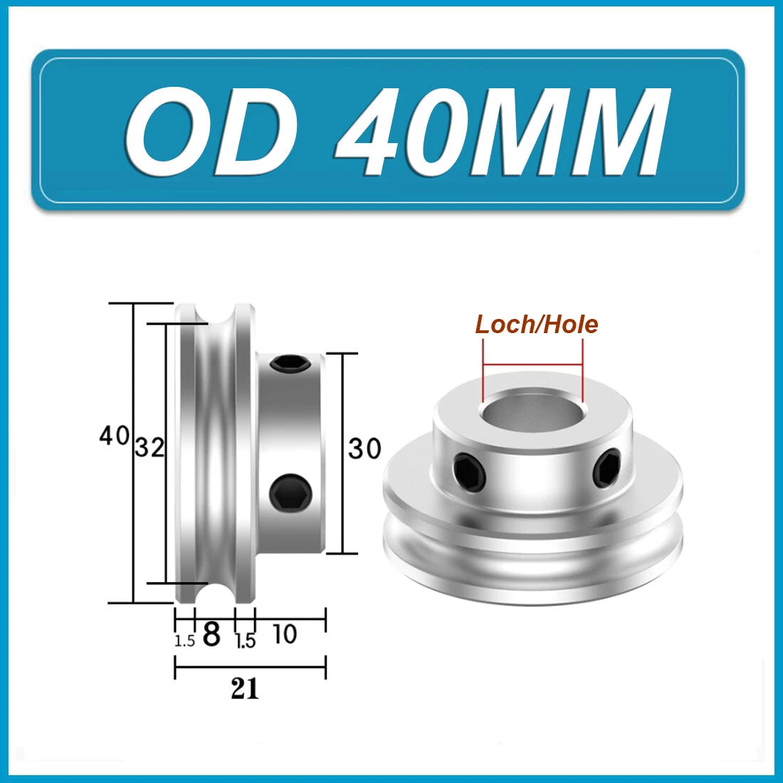 Aluminium U Pulley Single-Slot OD 30mm~100mm for Motor Machine 8MM PU Round Belt