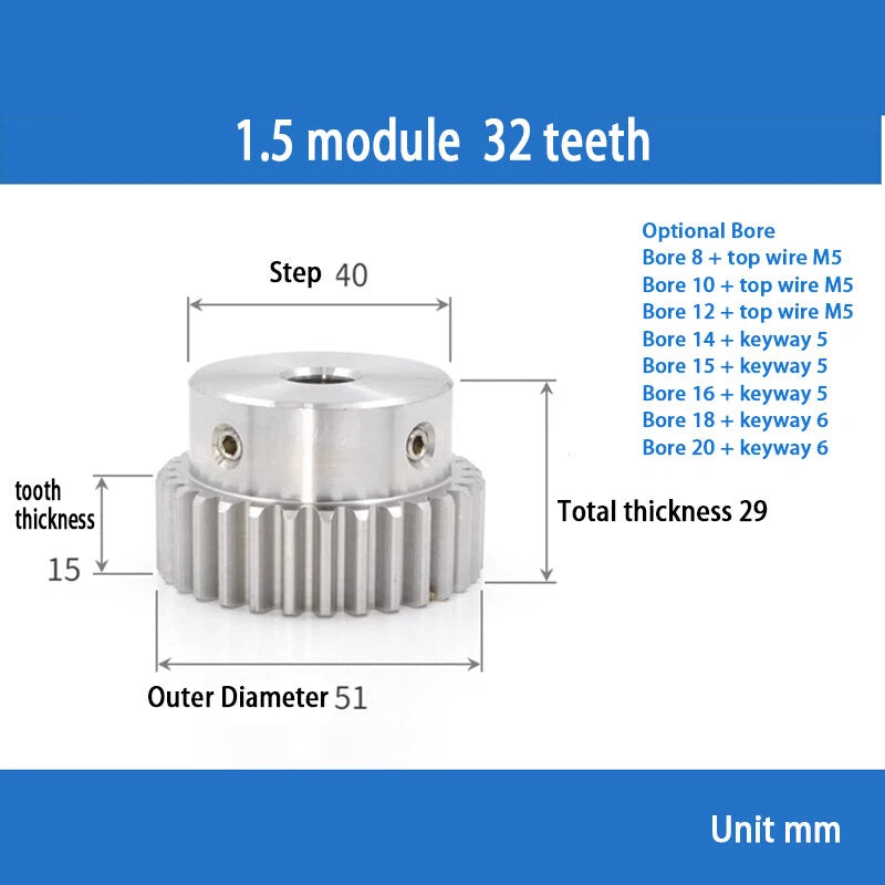 Module 1.5 Spur Gear A2 Steel 12-32 Tooth with Hub Pinion Motor Gear Bore 6-20mm
