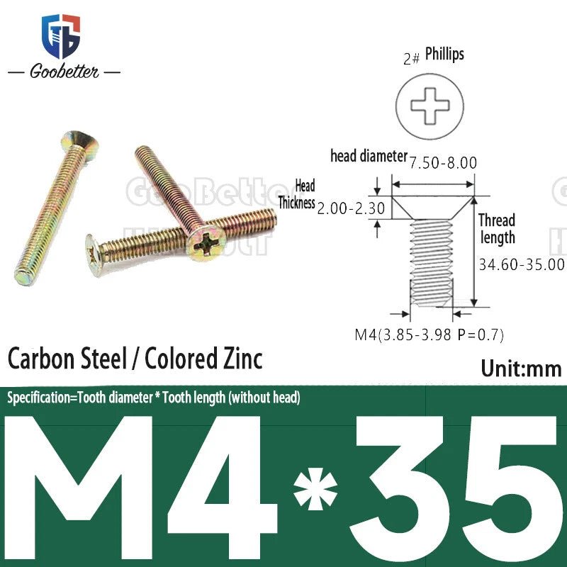 M4 Phillips Flat Head Countersunk Machine Screws — 5 to 45mm, Carbon Steel & Stainless, 9 Finishes - HomeDIYer