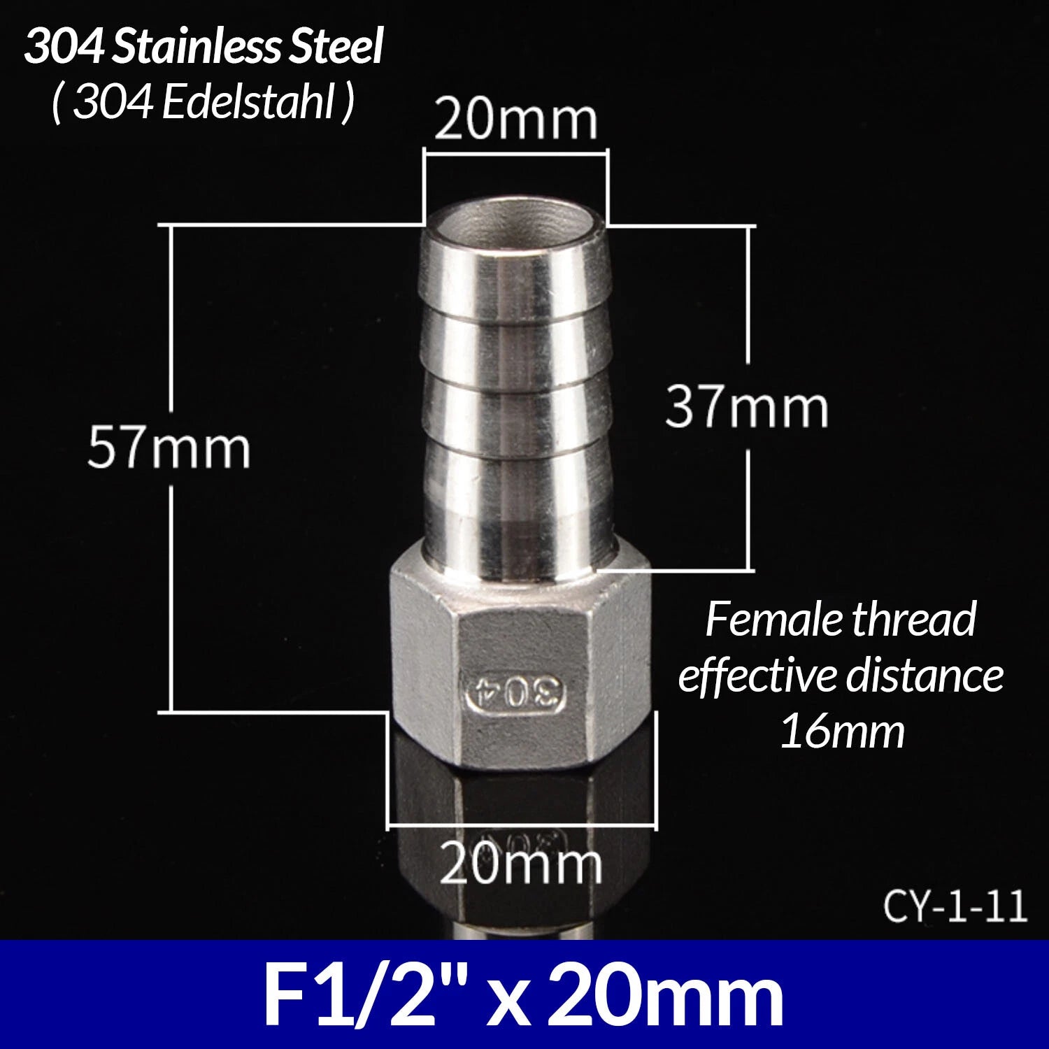 1/4" to 3/4" BSP Stainless Steel Female Fitting x Barb Hose Tail End Connector