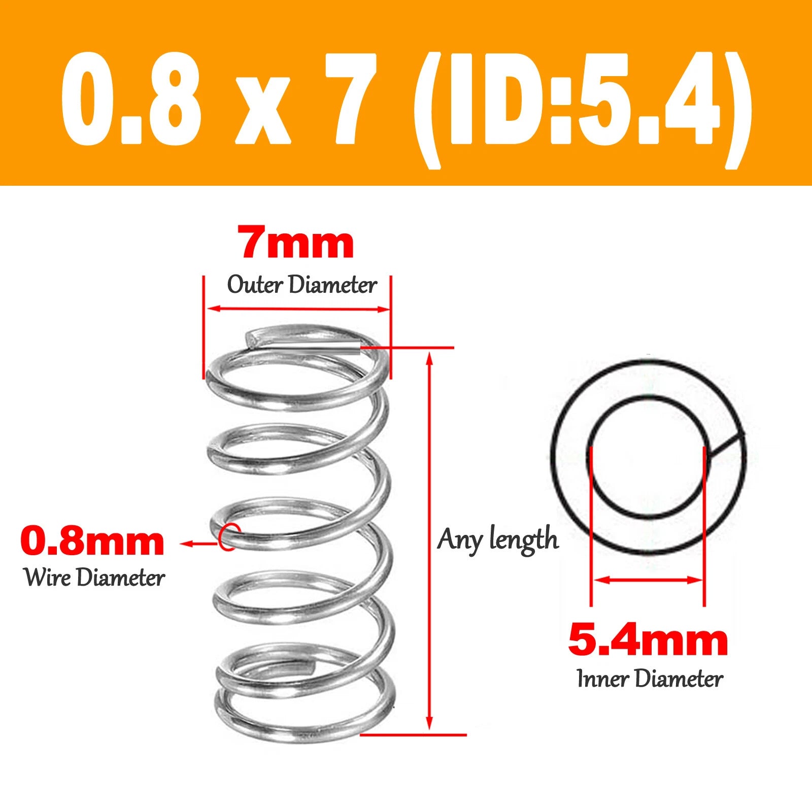 Compression spring 0.8mm, 304 stainless steel Length 5 to 120mm Pressure spring
