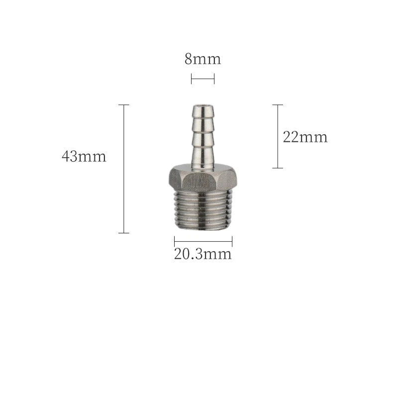 A2 Stainless Steel Straight Barb Hose Connector — Male Thread, 6mm to 20mm Tubing