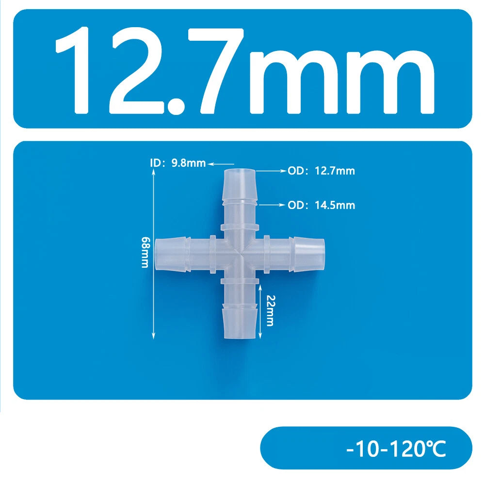 4-Way Plastic Hose Connector — Cross & Slant Equal Joint, OD 2.4mm–12.7mm