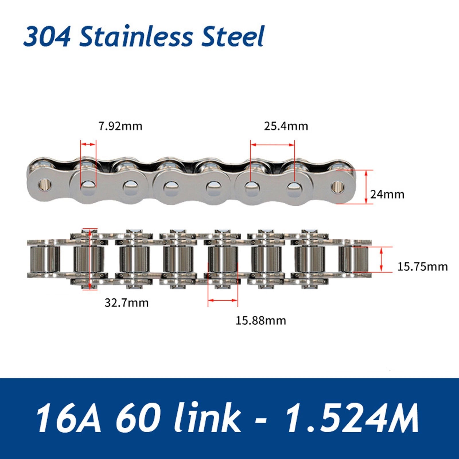 304/201 Stainless Steel Simplex Roller Chain Standard Quality 1M/1.524M All Size