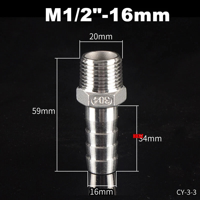 Stainless Steel 304 Barb Hose Tail Connector – 1/2" & 3/4" BSP Male Thread Hose Fittings