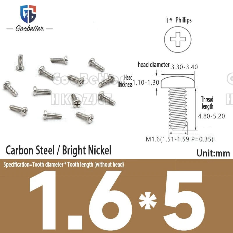 M1.6 & M1.7 Phillips Pan Round Head Machine Screws – Carbon Steel, Brass or Stainless, Lengths 1.5–22mm