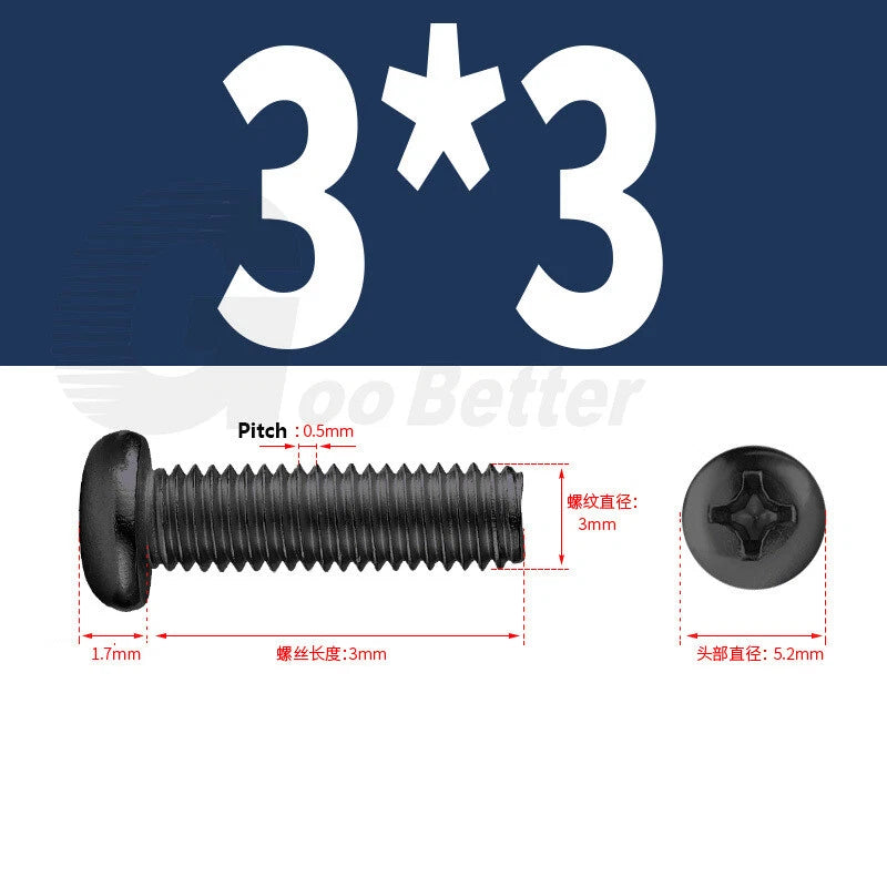 M2 M2.5 M3 M4 M5 Black Zinc Phillips Pan Head Machine Screws – Carbon Steel, 3–20mm