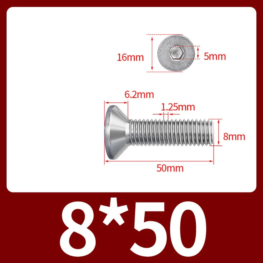 M8 M10 Countersunk Socket Head Screws – 304 Stainless Steel A2, Fully Threaded, 10–150mm