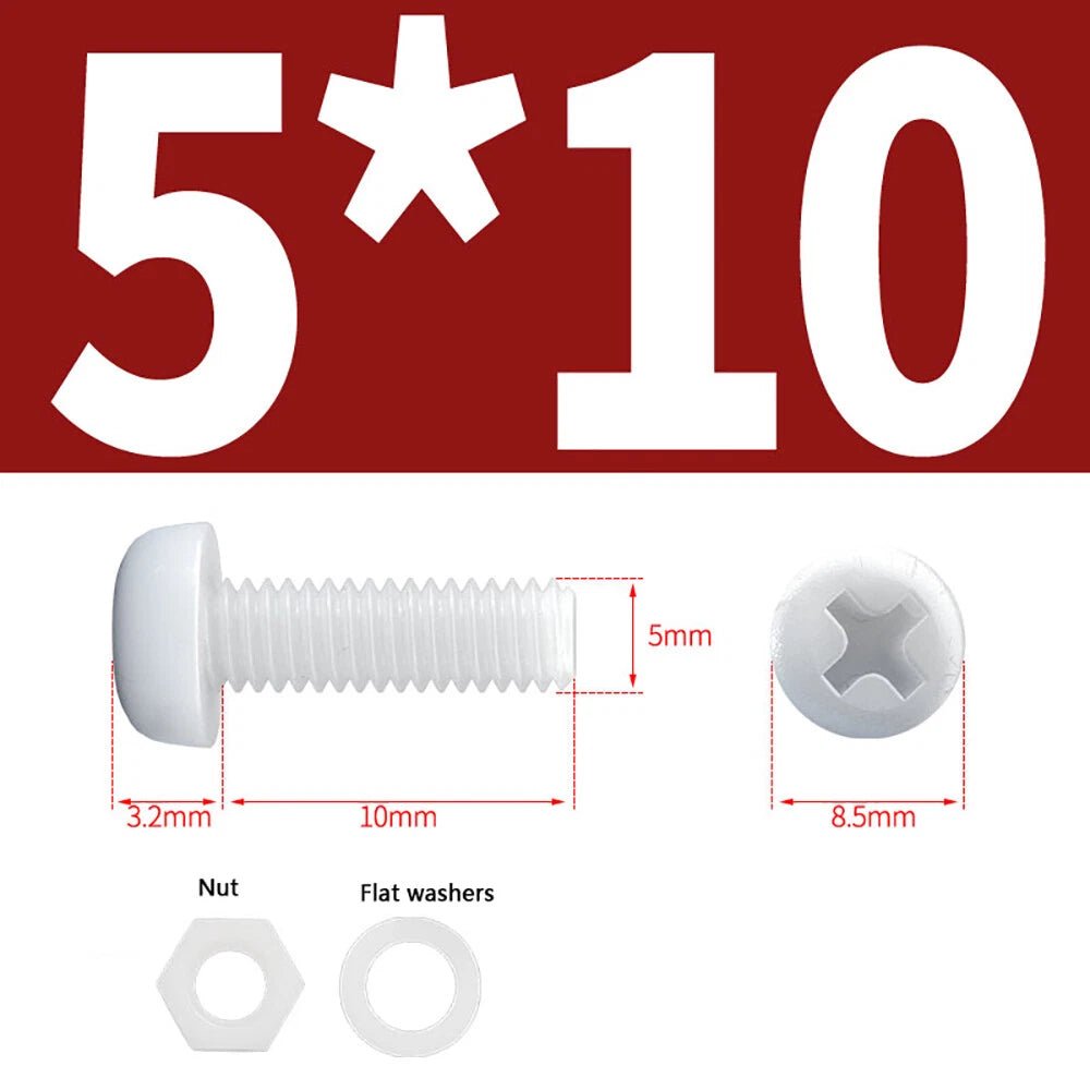 M4 M5 Nylon Phillips Pan Head Machine Screws with Hex Nuts and Flat Washers – White & Black - HomeDIYer