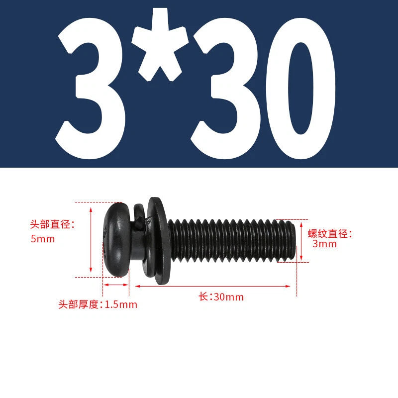 Black Zinc Pan Head Machine Screws with Washers, M2–M6 Pozi Phillips Drive