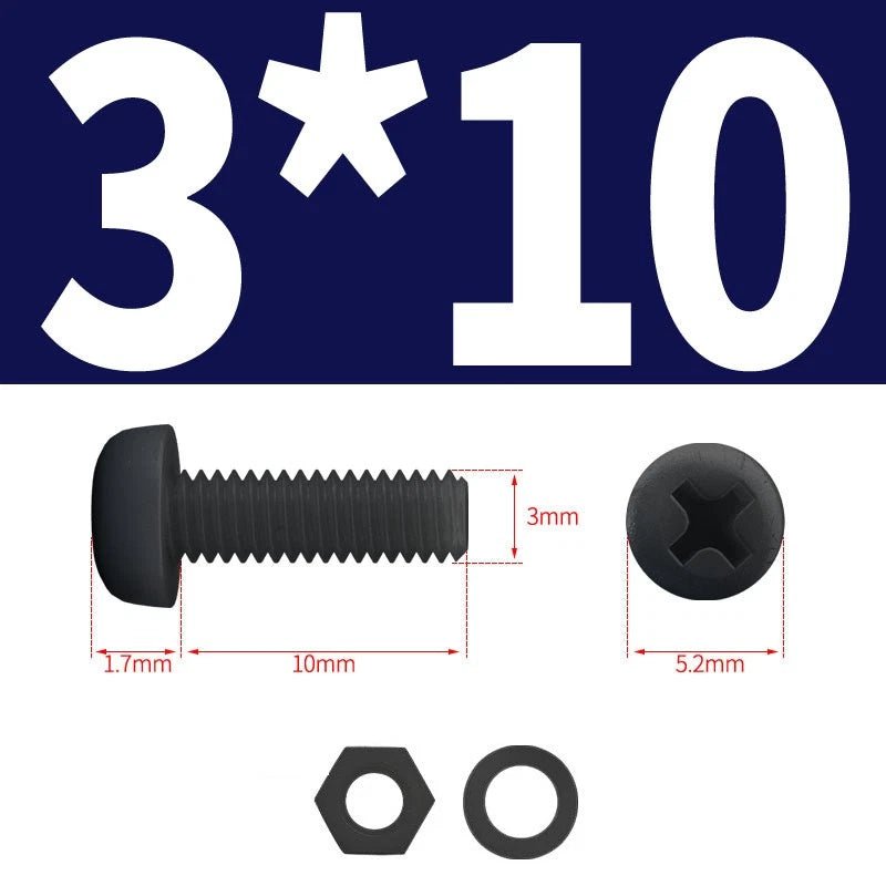 Black Nylon Phillips Machine Screws with Nuts & Washers — Metric M2 to M8 - HomeDIYer