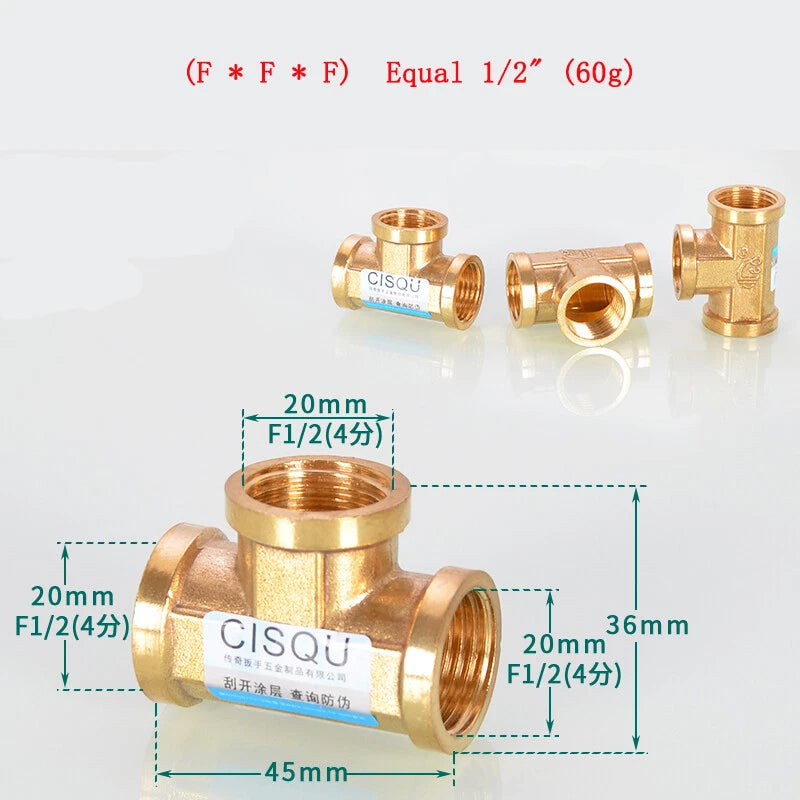 Brass Tee Pipe Fittings – NPT Thread, 1/8" to 2", M/F Configurations