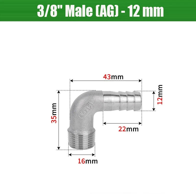 BSP Male Elbow Barbed Hose Connector — Stainless Steel, 1/8" to 1/2", 6–16mm