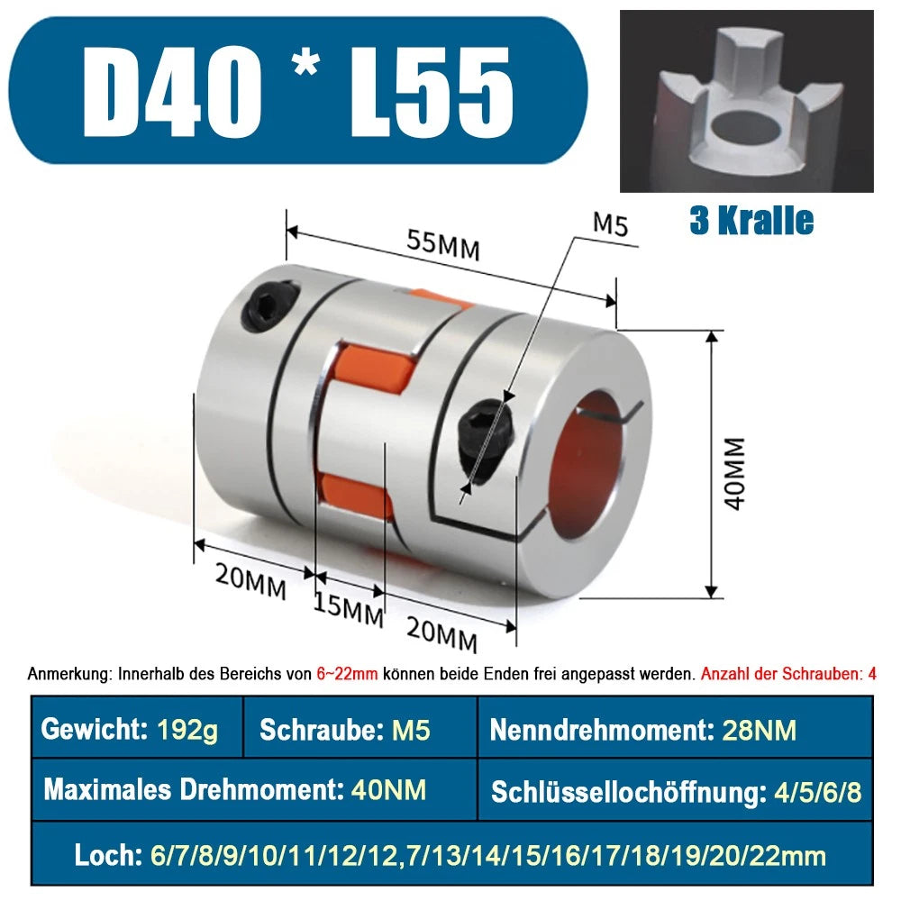 Bore 8mm to 22mm CNC Flexible Plum Coupling Shaft Coupler Connect D40 x L55/L66