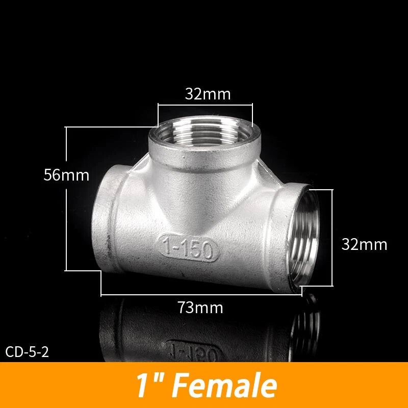 BSP 304 Stainless Steel Tee Fittings — 3-Way Male & Female Pipe Connector (1/8" to 3")