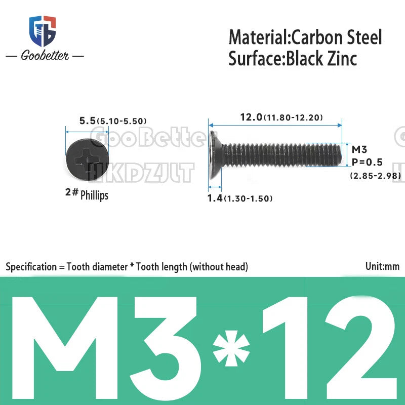 M2 & M3 Countersunk Pozidriv Machine Screws – Carbon Steel, Nickel or Black Zinc (3–22mm Overall Length)