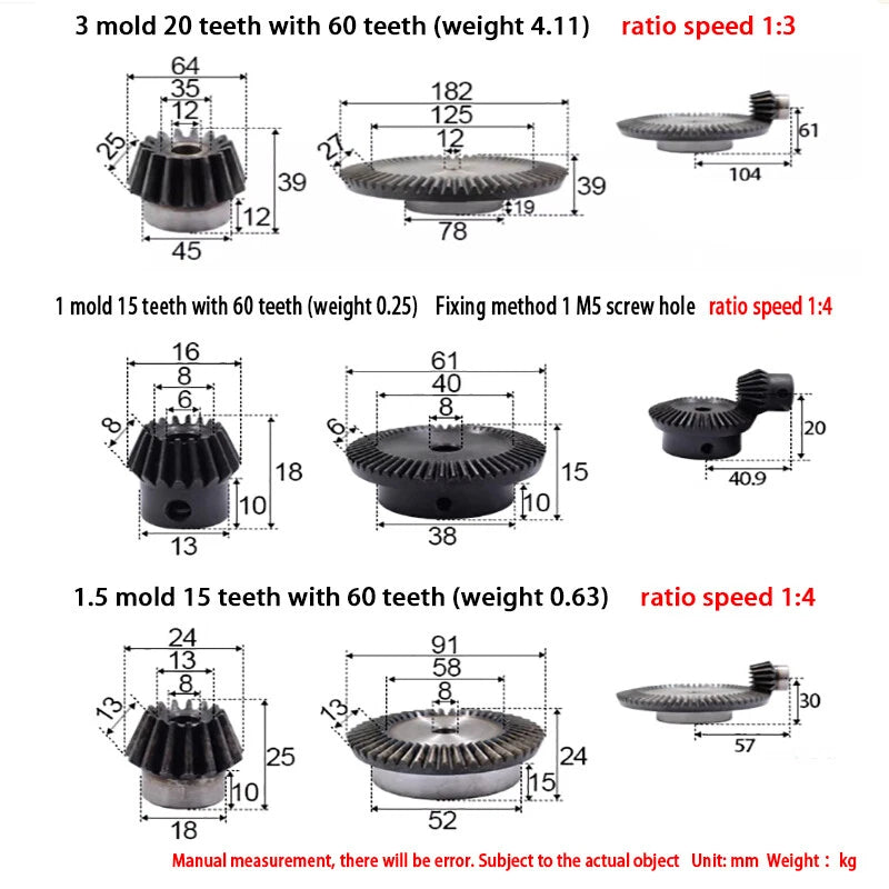 0.5/0.75/1/1.5-5 Mod Bevel Gear 12-160 Teeth Transmission Gears Bevel Teeth 90°