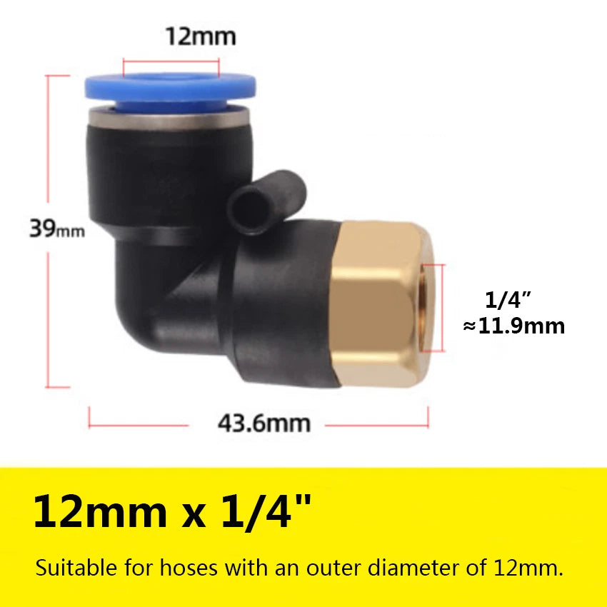 90° Elbow Push-to-Connect Pneumatic Fitting — 4mm to 12mm Hose OD, Female Thread