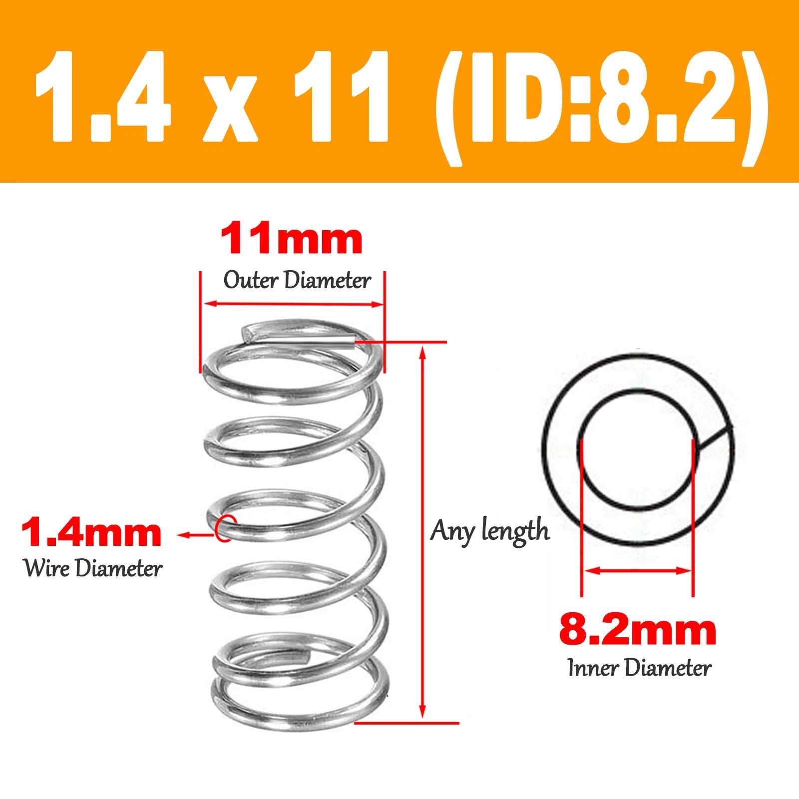 Compression Spring Pressure Spring A2 Stainles Steel Wire Dia 1.4mm Ø 8 mm-10 mm