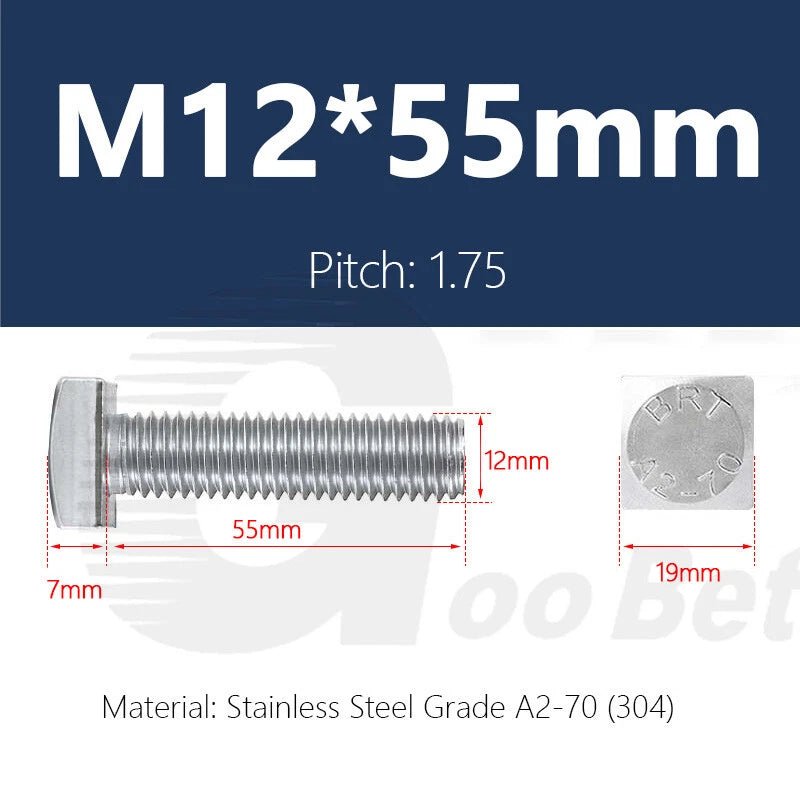 M12 T - Bolt Square Head Screws for T - Slot Aluminum Profile — Stainless Steel A2 304 - HomeDIYer