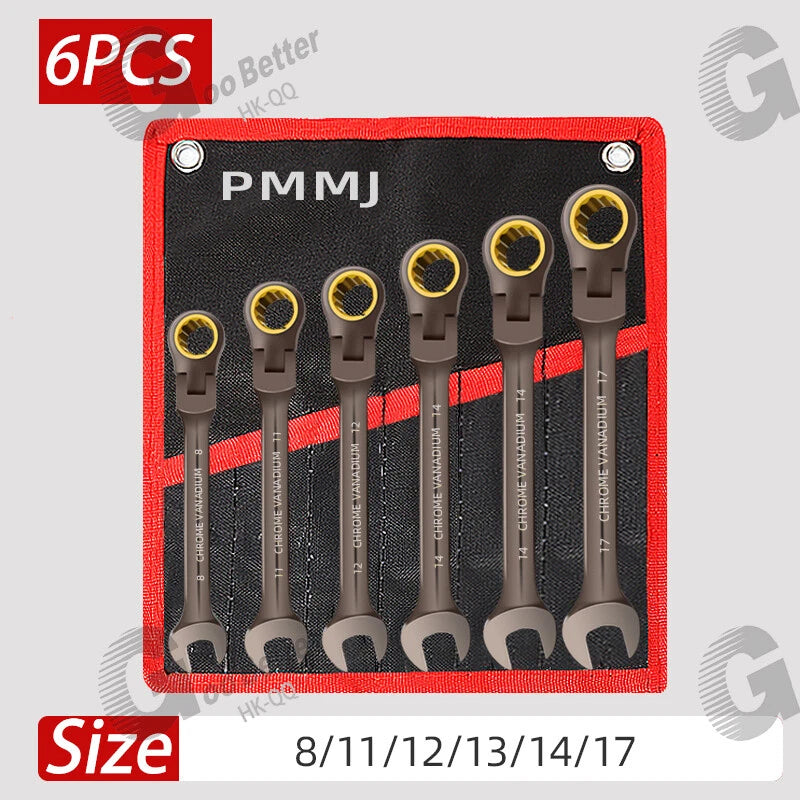 Ratchet Spanner Combination Fixed & Flexi 6 - 19mm 14 x Sizes Tool Wrench