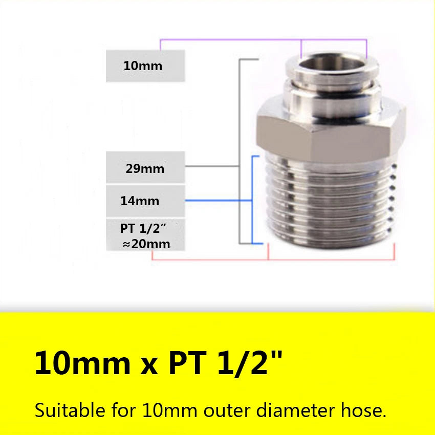 Stainless Steel 304 Push-In Straight Fitting — PT Male Thread x Hose Barb Adapter (4mm–16mm OD)