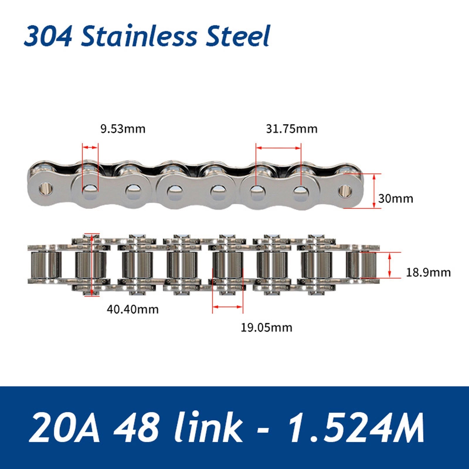 304/201 Stainless Steel Simplex Roller Chain Standard Quality 1M/1.524M All Size