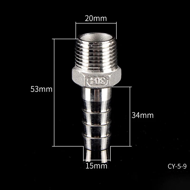 1/2" & 3/4" BSP Male Thread Hose Barb Tail Connector — Stainless Steel