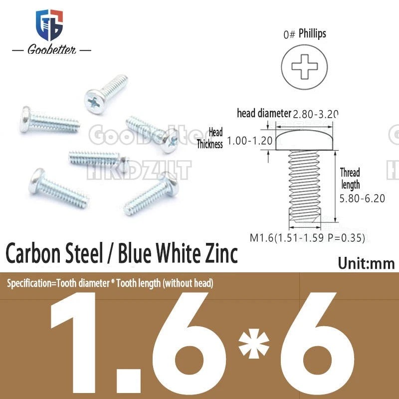 M1.6 & M1.7 Phillips Pan Round Head Machine Screws – Carbon Steel, Brass or Stainless, Lengths 1.5–22mm
