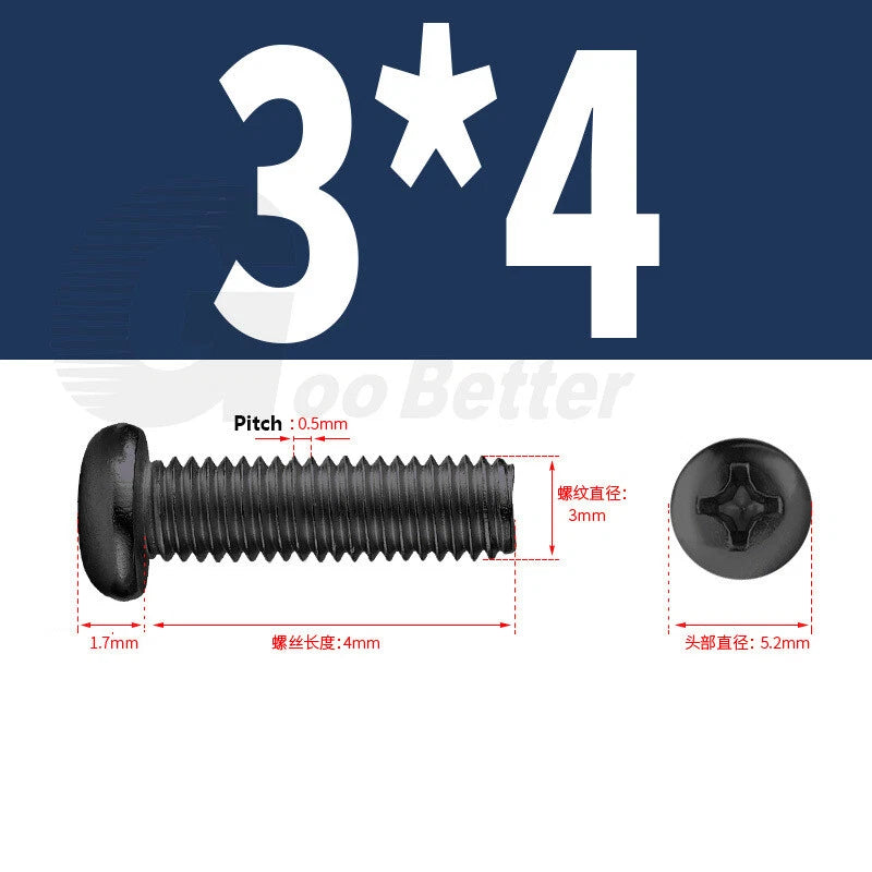 M2 M2.5 M3 M4 M5 Black Zinc Phillips Pan Head Machine Screws – Carbon Steel, 3–20mm
