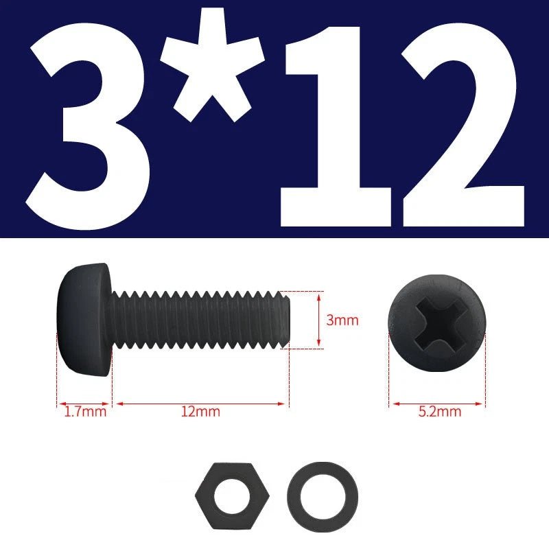 Black Nylon Phillips Machine Screws with Nuts & Washers — Metric M2 to M8 - HomeDIYer
