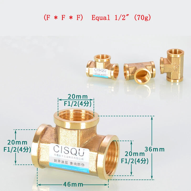 Brass Tee Pipe Fittings – NPT Thread, 1/8" to 2", M/F Configurations