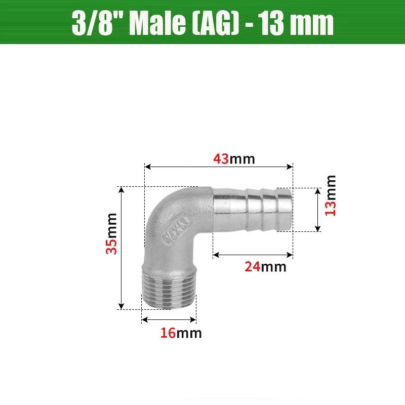 BSP Male Elbow Barbed Hose Connector — Stainless Steel, 1/8" to 1/2", 6–16mm